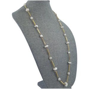 Vintage Les Bernard Signed Quartz Beaded Necklace 34" Gold Tone Bar Spacers Y17